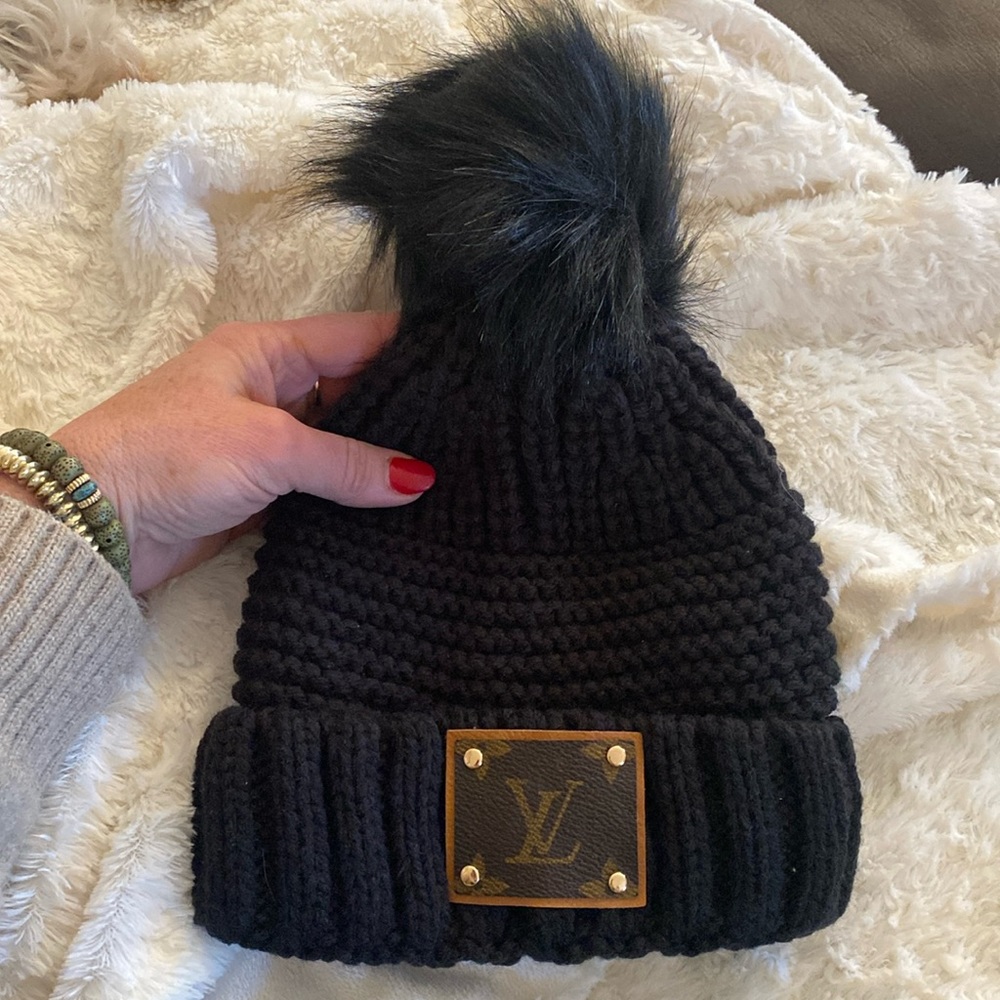 Upcycled LV Toboggan Black with Black pom